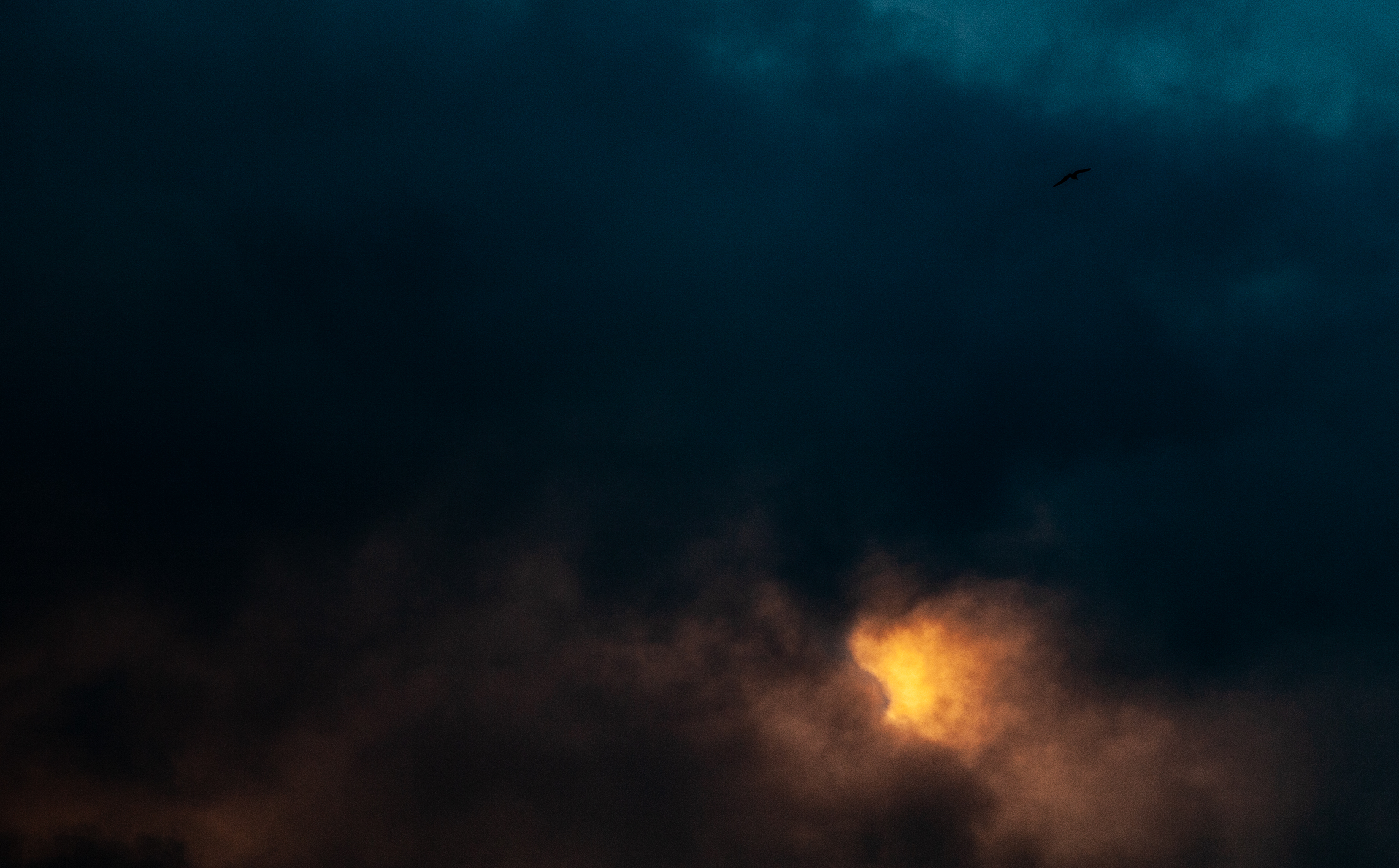 Ciel orageux avec des teintes sombres et orangées, traversé par des oiseaux.